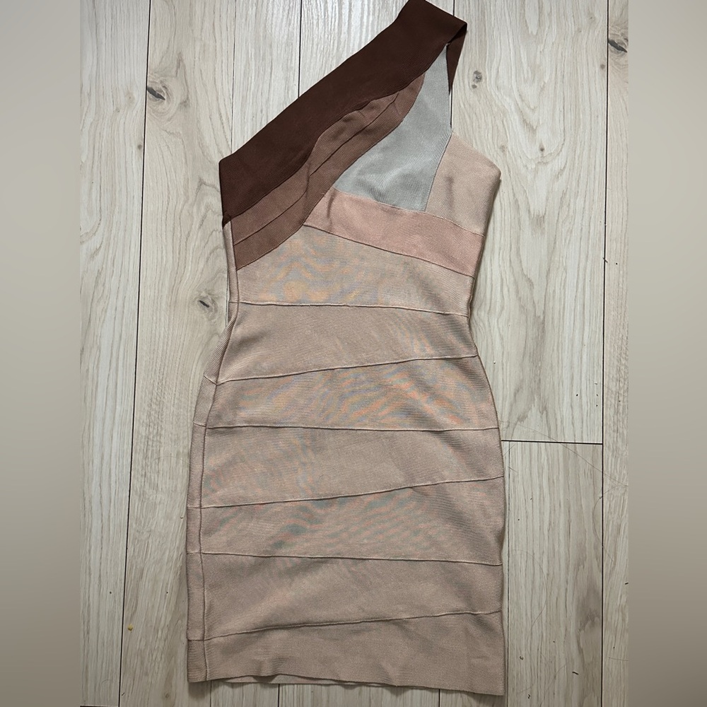Herve Leger One-Shoulder Dress in Brown and Cream